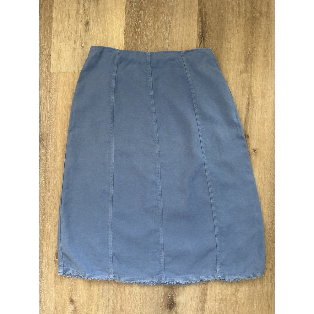 Relativity Womens Size 10 Linen Skirt Blue Fringe Raw Hem Pencil‎ Knee Midi